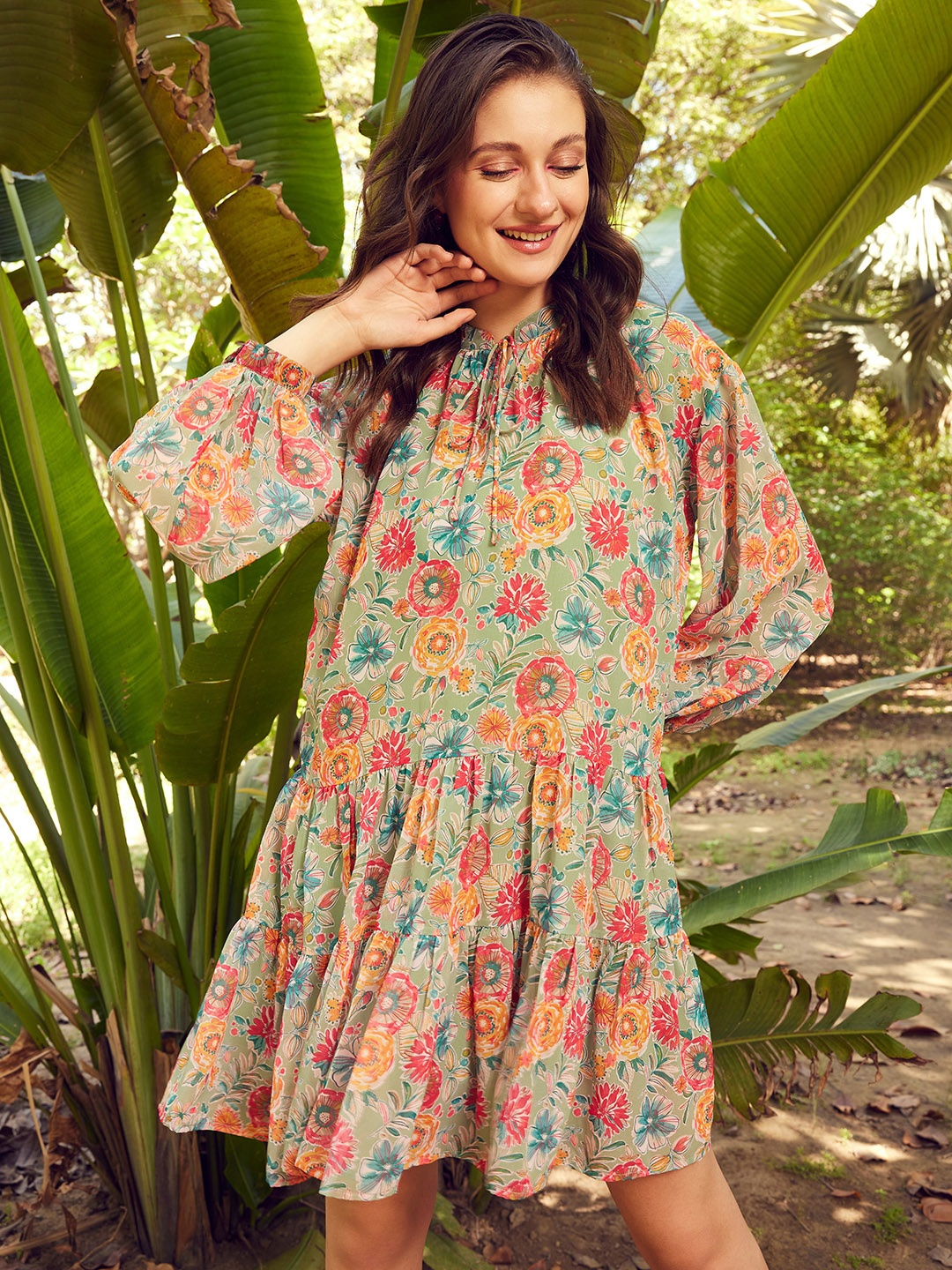

STREET 9 Green Floral Printed Tie Up Neck Tiered Detail A-Line Dress