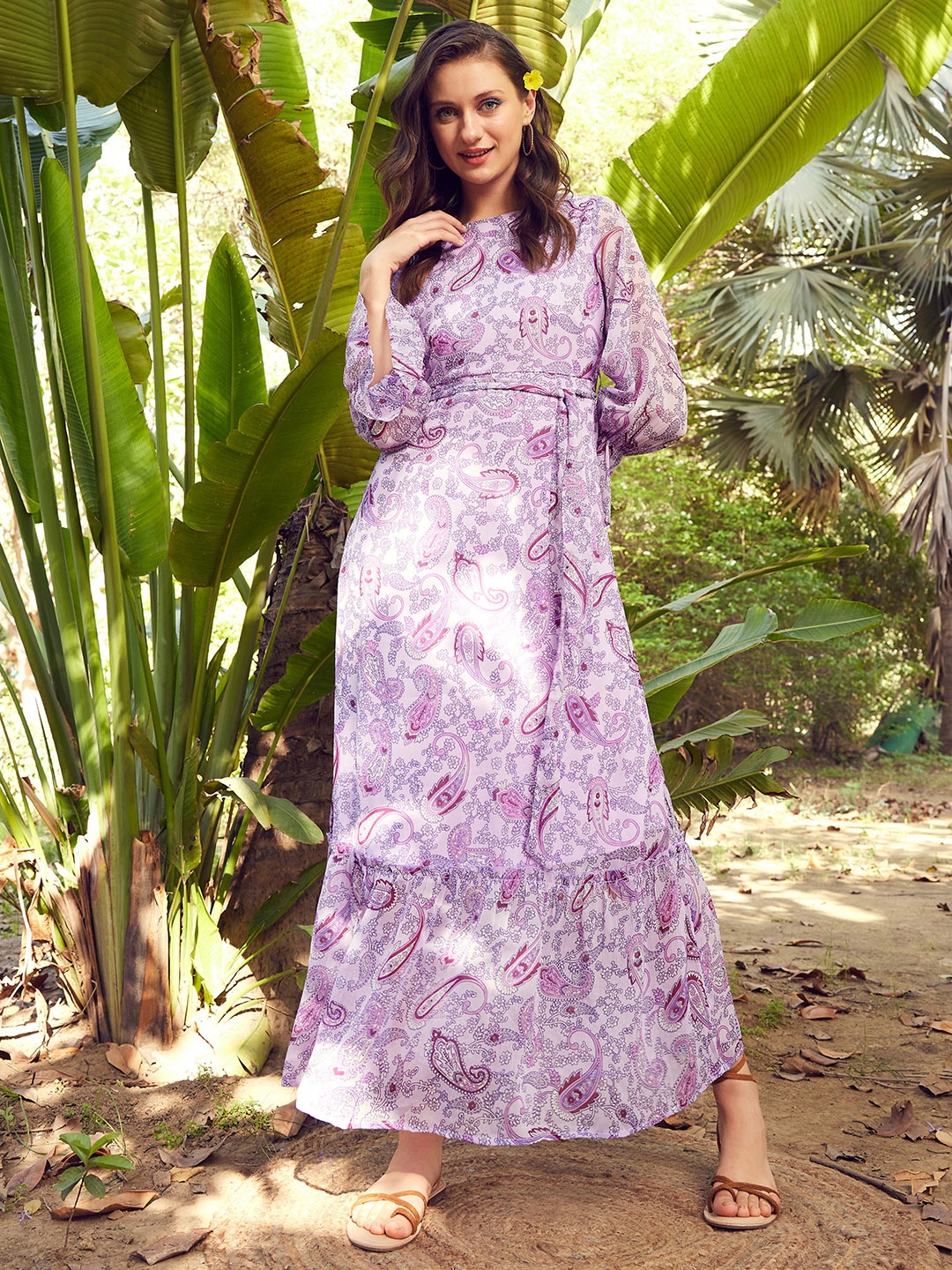 

STREET 9 Lavender Floral Printed Puff Sleeves Tiered Maxi Dress With Belt