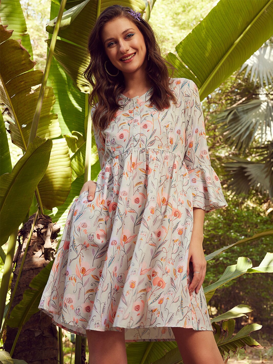 

STREET 9 Floral Printed Pure Linen Fit & Flare Dress, Green