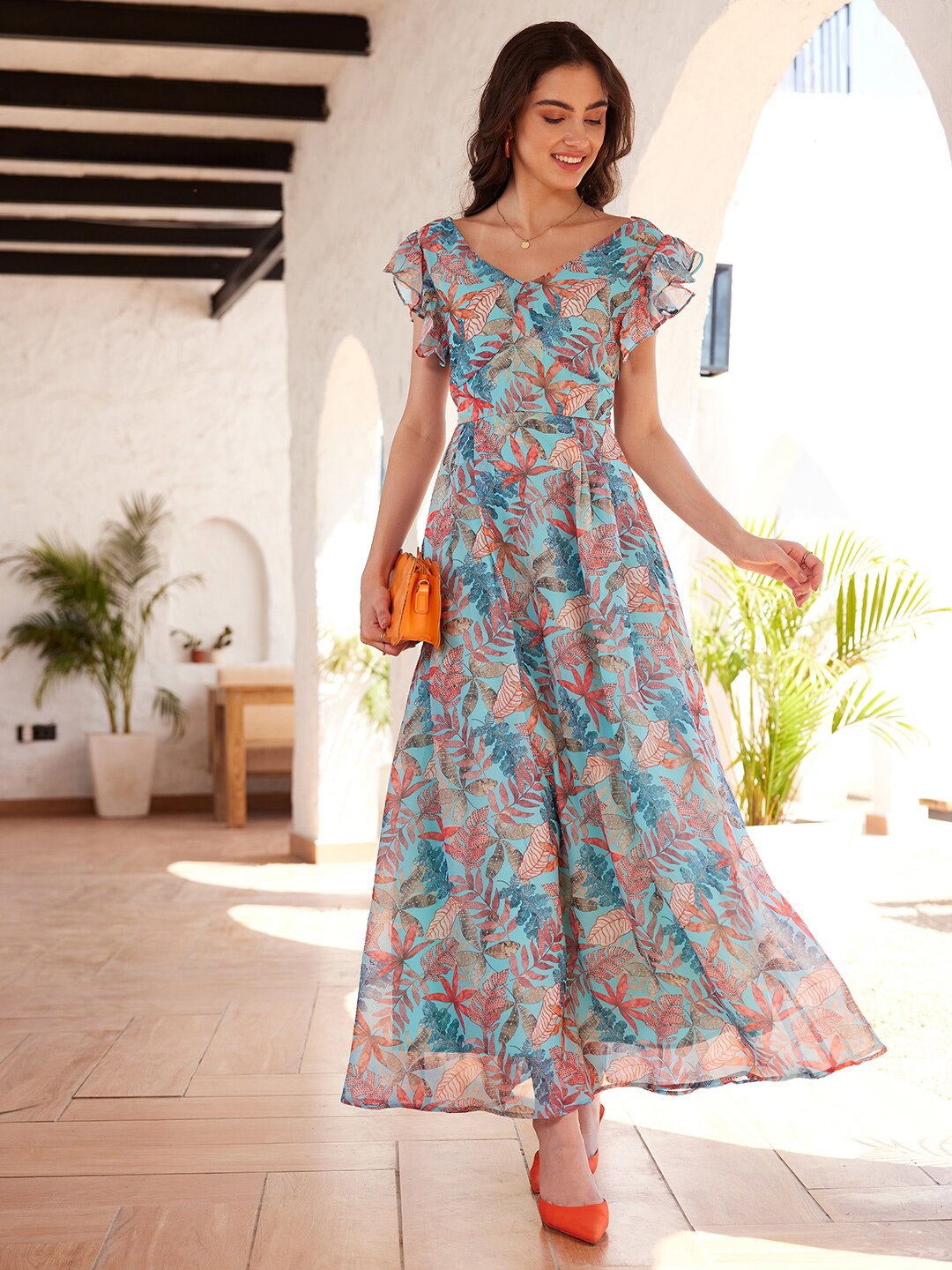 

STREET 9 Tropical Printed Flutter Sleeves Georgette Maxi Dress, Blue