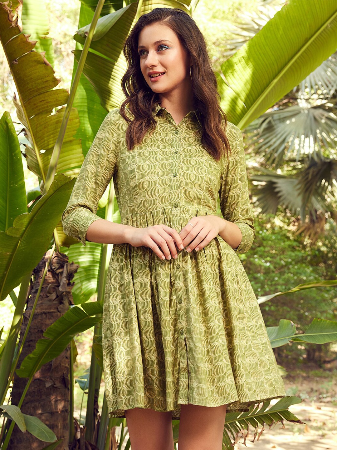 

STREET 9 Printed Spread Collar A-Line Dress, Olive