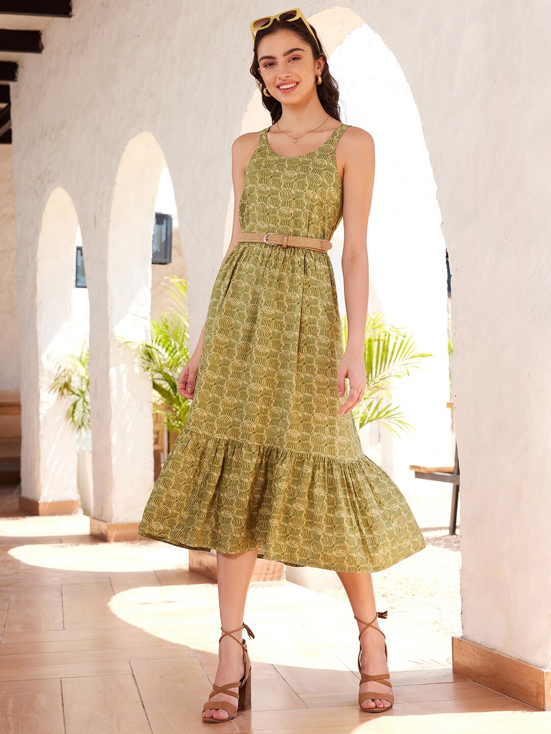 

STREET 9 Olive Green & Beige Printed A-Line Midi Dress