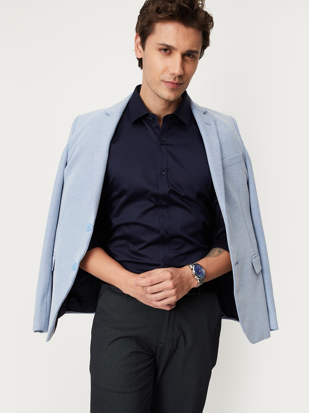 

max Men Navy Blue Opaque Casual Shirt