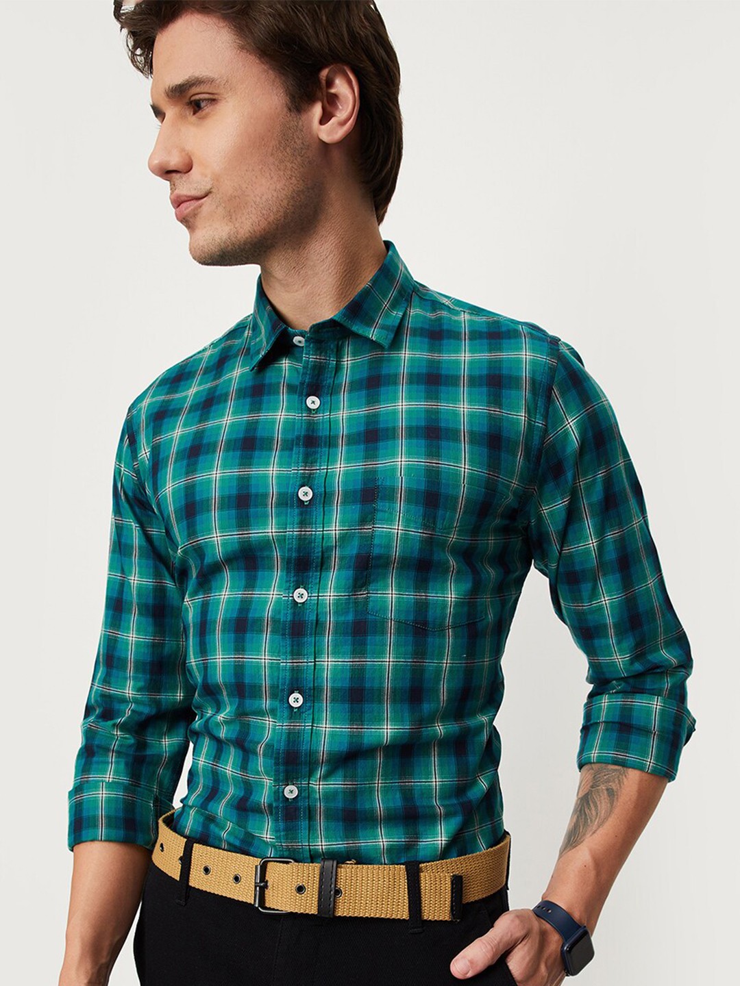 

max Tartan Checked Spread Collar Pure Cotton Casual Shirt, Green