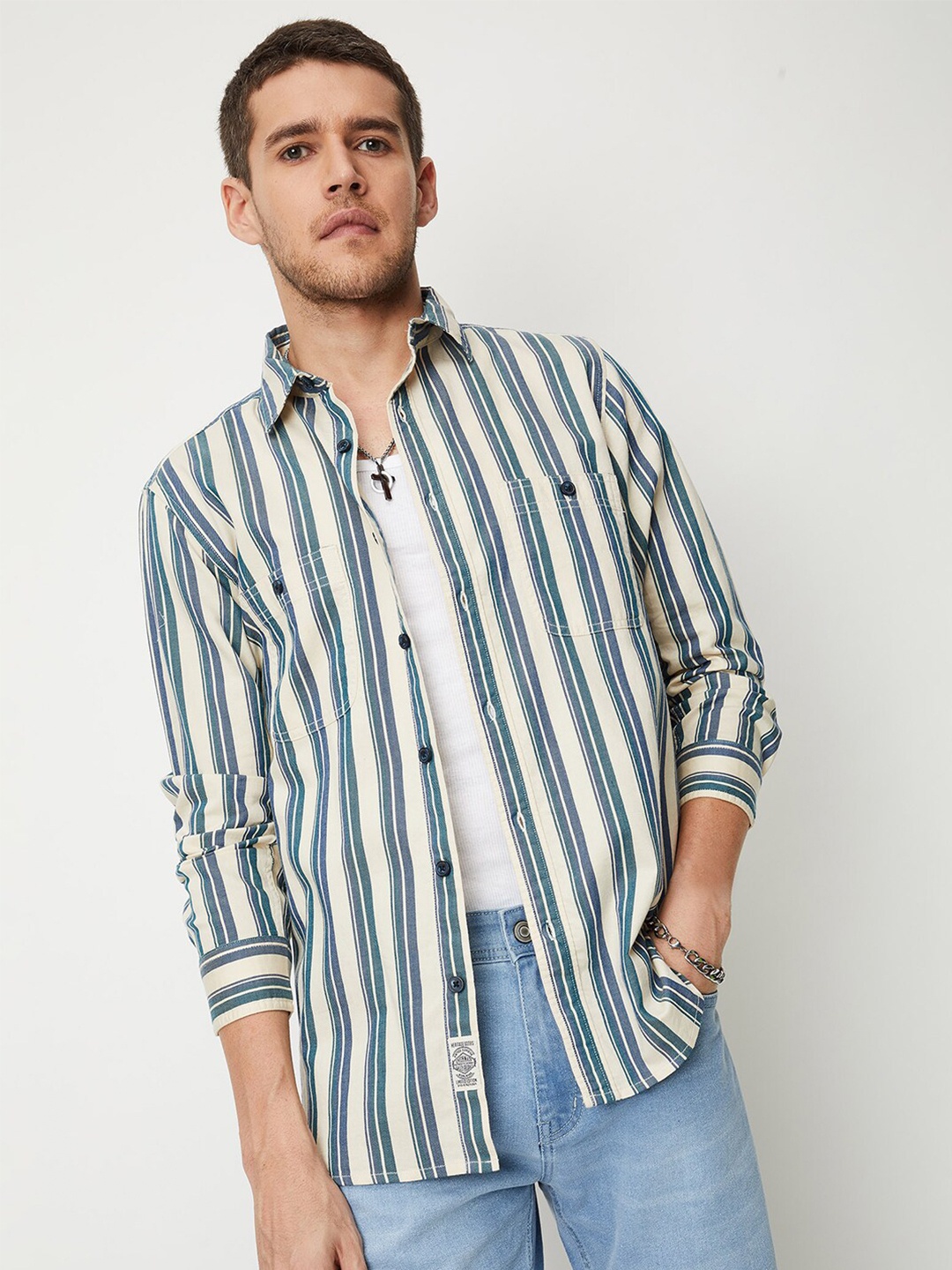 

max Striped Pure Cotton Casual Shirt, Green
