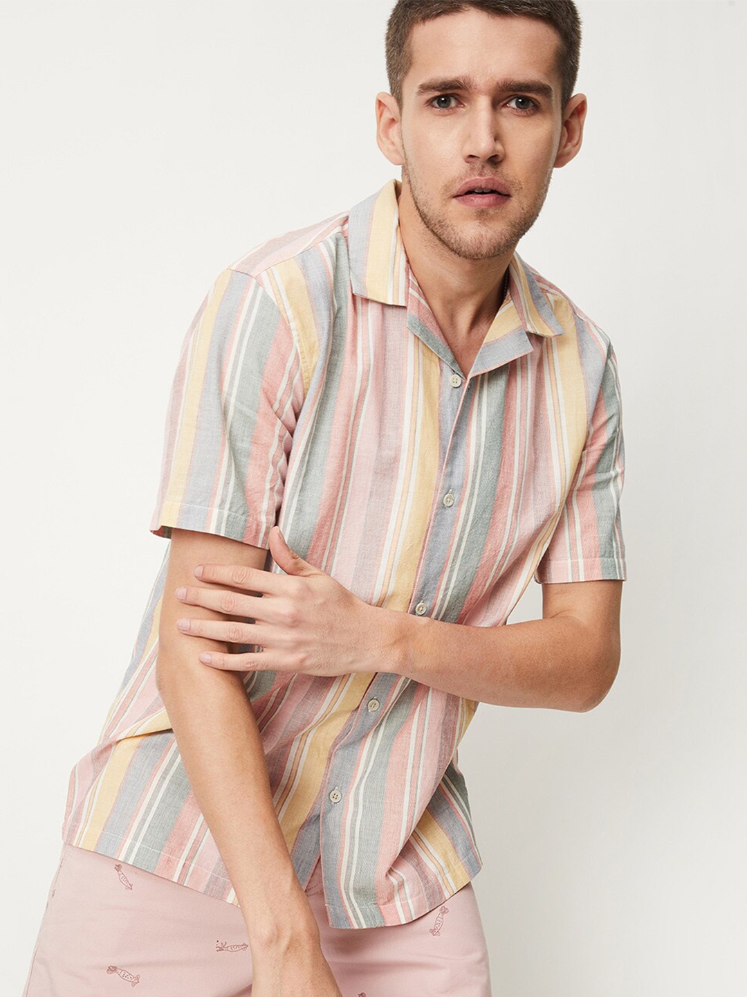 

max Striped Cotton Beige Linen Casual Shirt, Cream