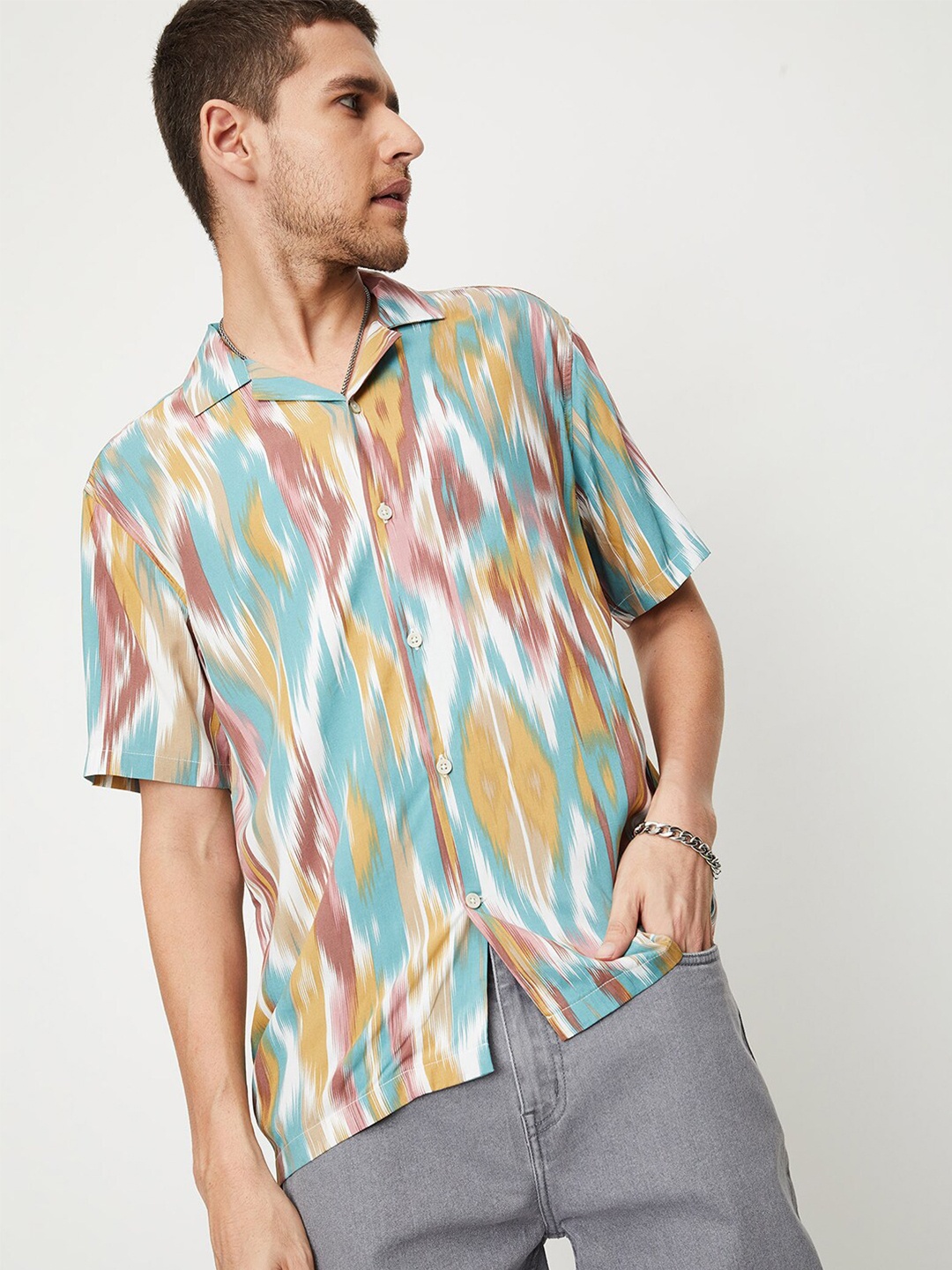 max Men Opaque Turquoise Blue Printed Casual Shirt