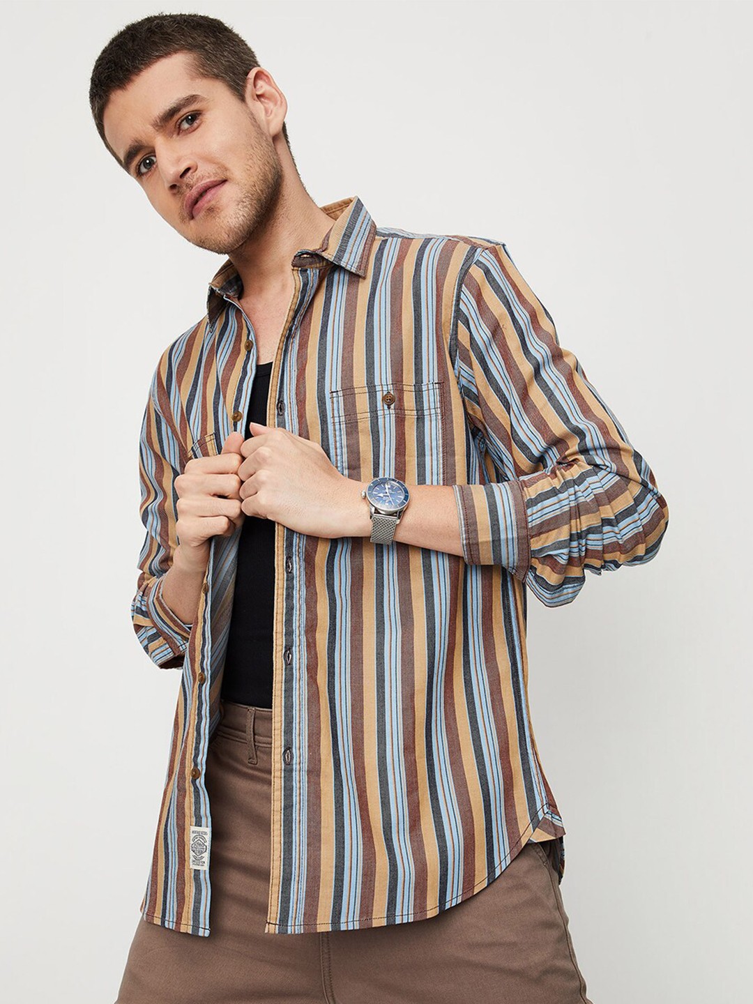 

max Opaque Brown Striped Cotton Casual Shirt