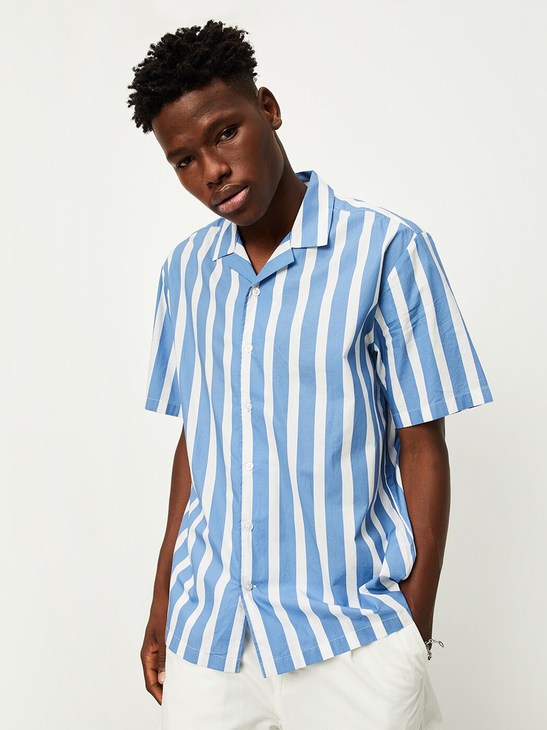 max Striped Pure Cotton Casual Shirt, Blue