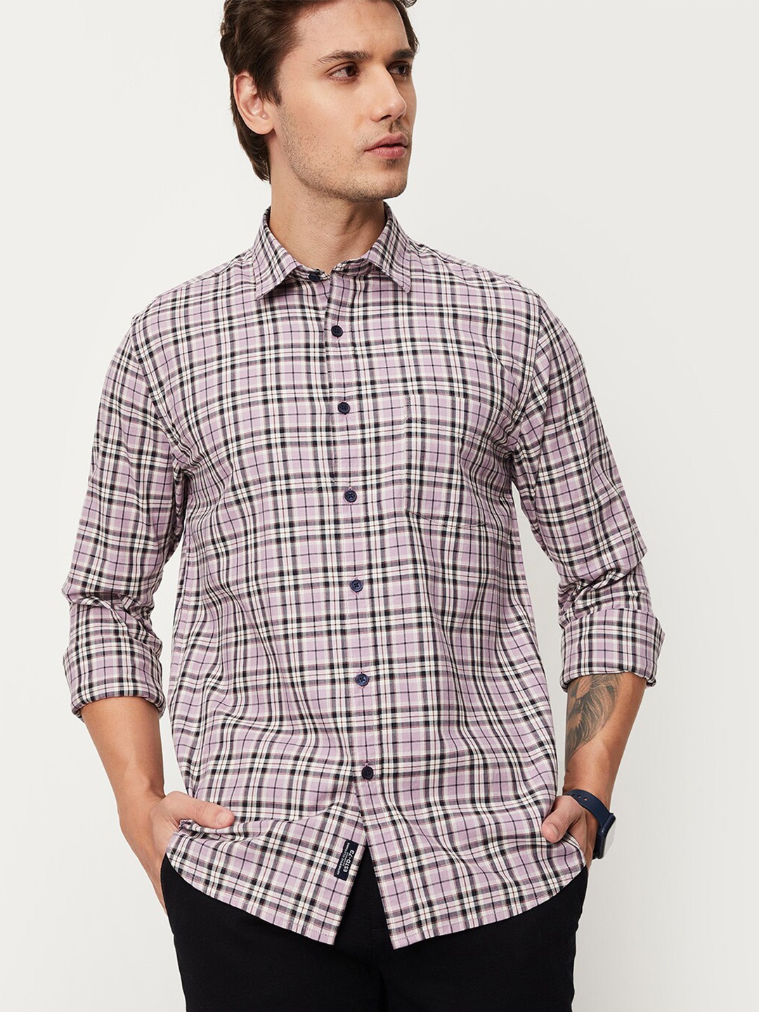 

max Pink Opaque Checked Checked Casual Shirt