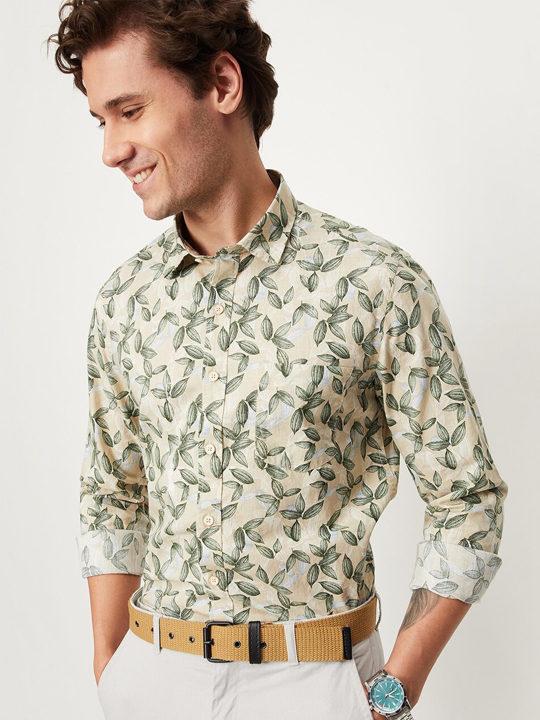 

max Floral Printed Pure Cotton Casual Shirt, Green