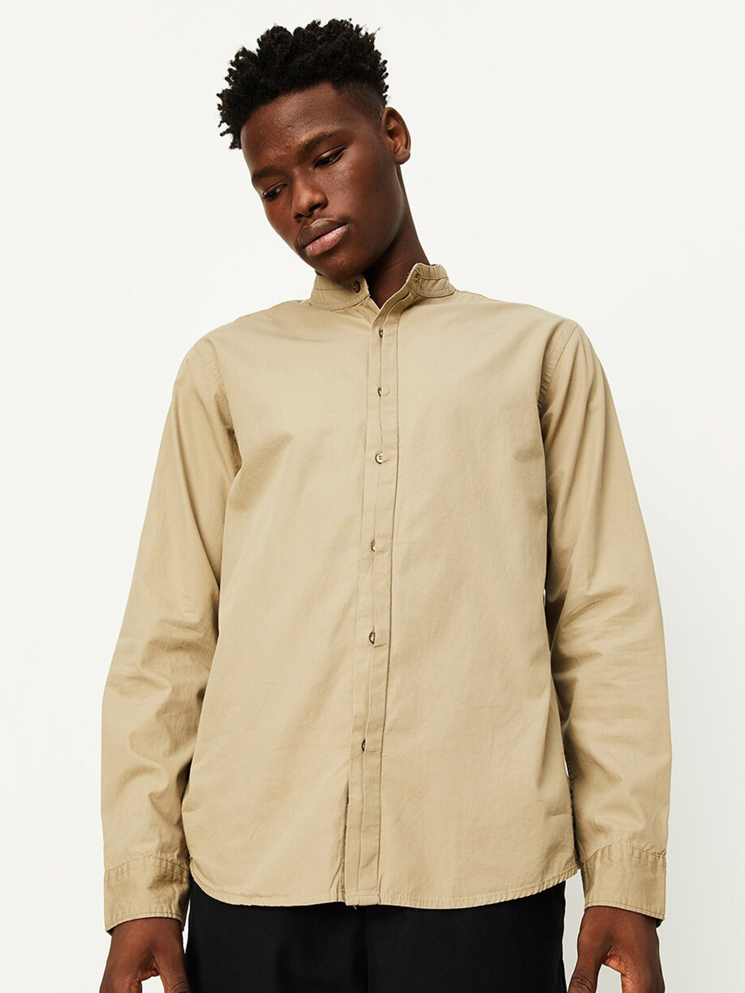 

max Band Collar Pure Cotton Casual Shirt, Beige
