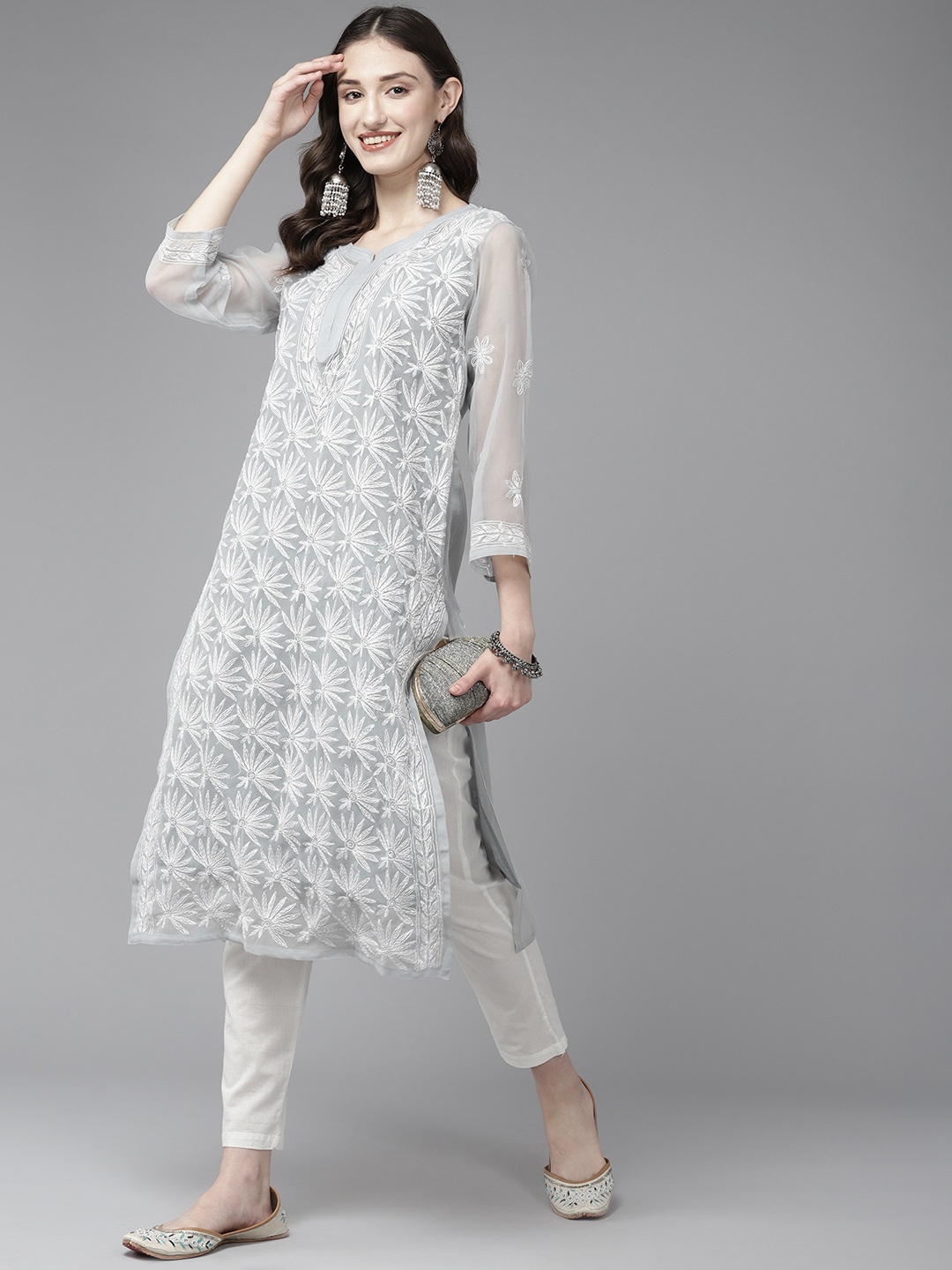 

ADA Women Floral Embroidered Chikankari Georgette Kurta, Grey