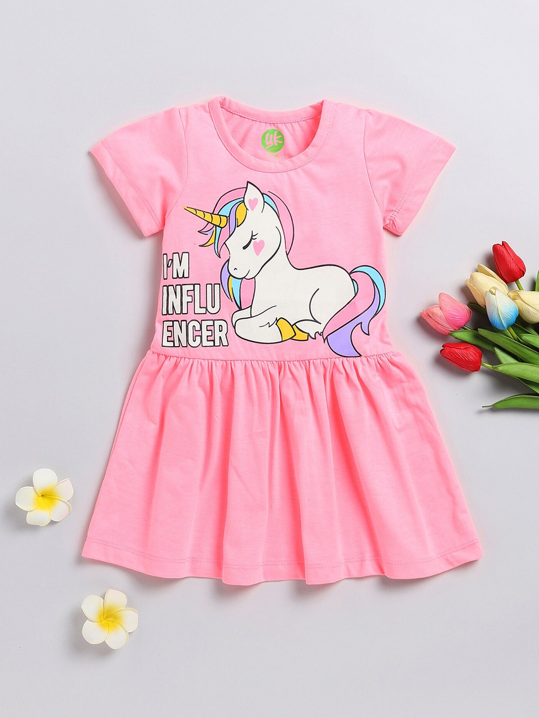 

YK Girls Graphic Printed Cotton Fit & Flare Dress, Pink