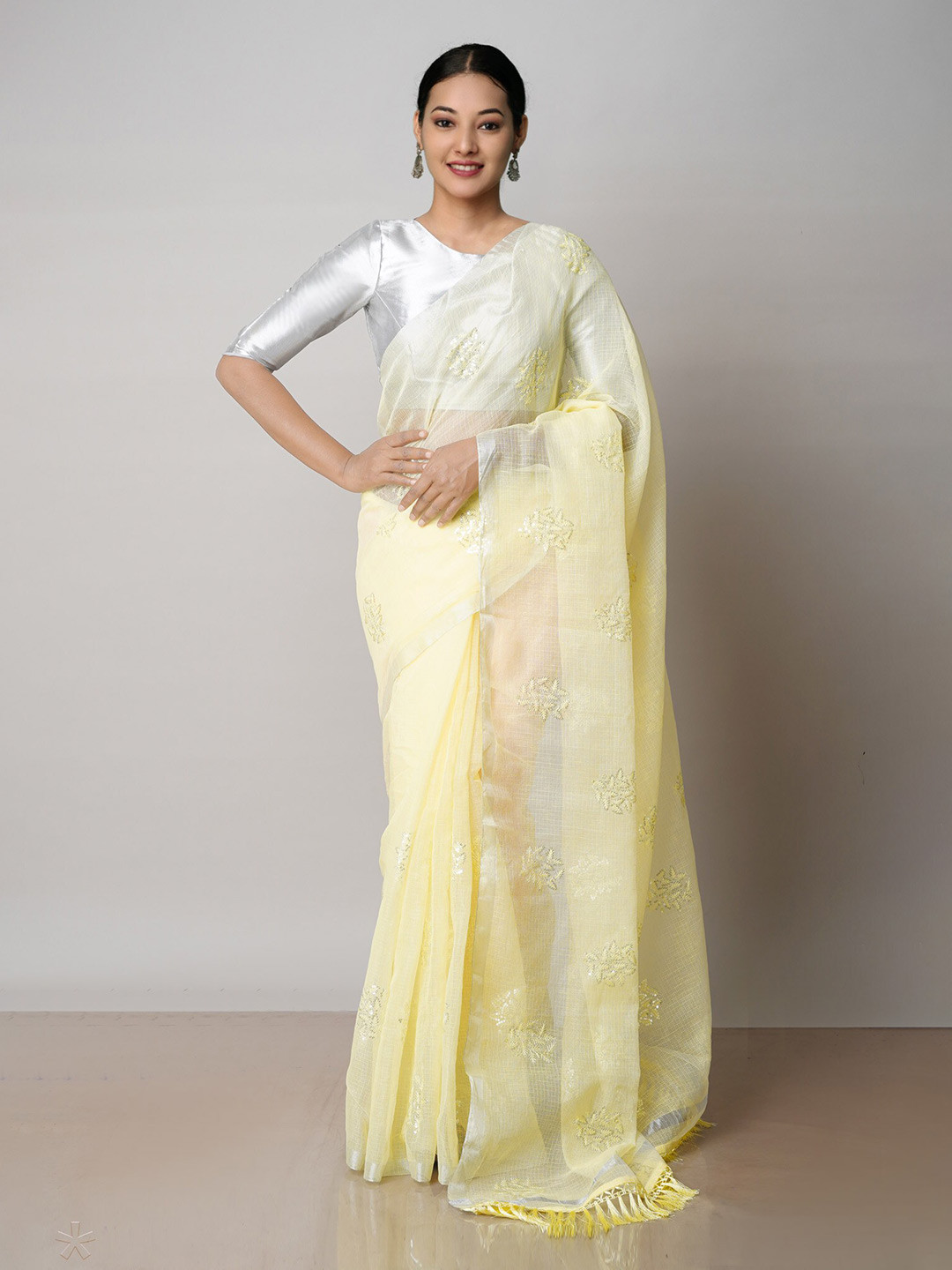 

Unnati Silks Ethnic Motifs Embroidered Pure Cotton Zari Kota Saree, Yellow