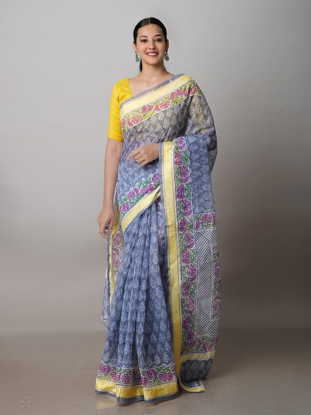 

Unnati Silks Ethnic Motifs Printed Zari Pure Cotton Kota Saree, Blue