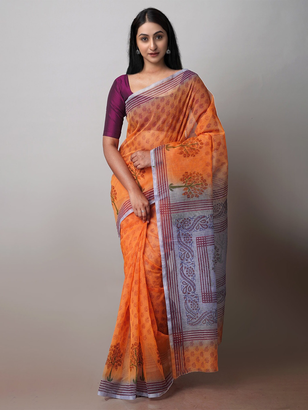 

Unnati Silks Ethnic Motifs Printed Supernet Patola Saree, Orange