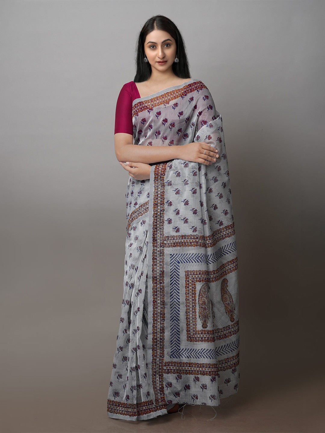 

Unnati Silks Ethnic Motifs Printed Supernet Saree, Grey