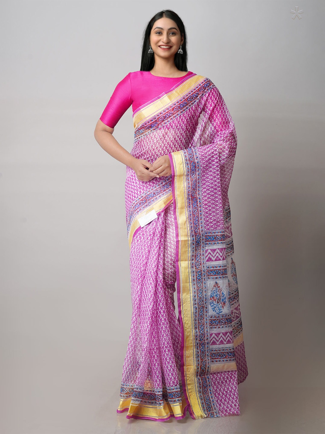 

Unnati Silks Ethnic Motifs Printed Pure Cotton Zari Kota Saree, Pink