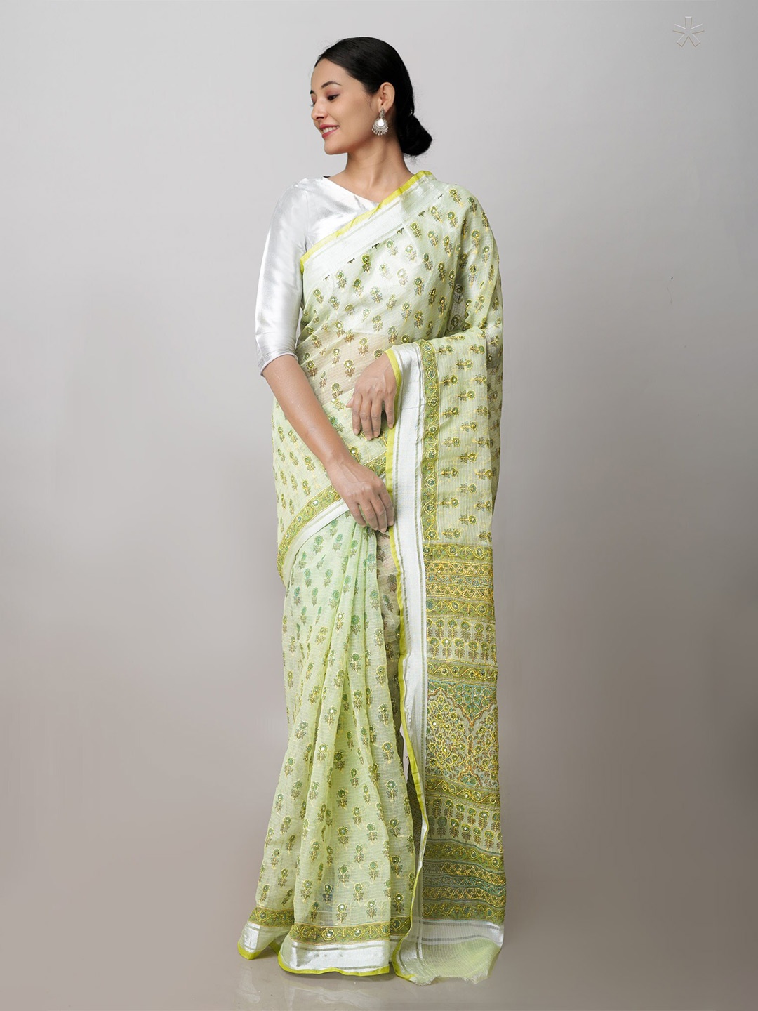 

Unnati Silks Ethnic Motifs Kantha Work Silk Blend Kota Saree, Green