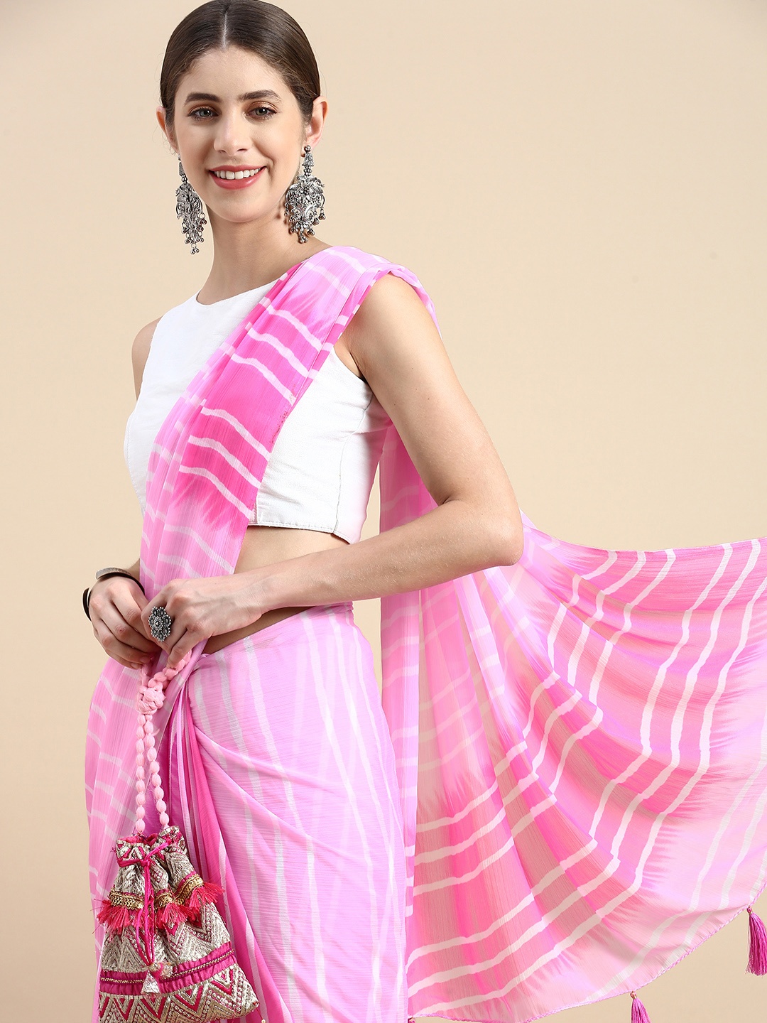 

Rani Saahiba Pink & Fuchsia Leheriya Poly Chiffon Leheriya Saree