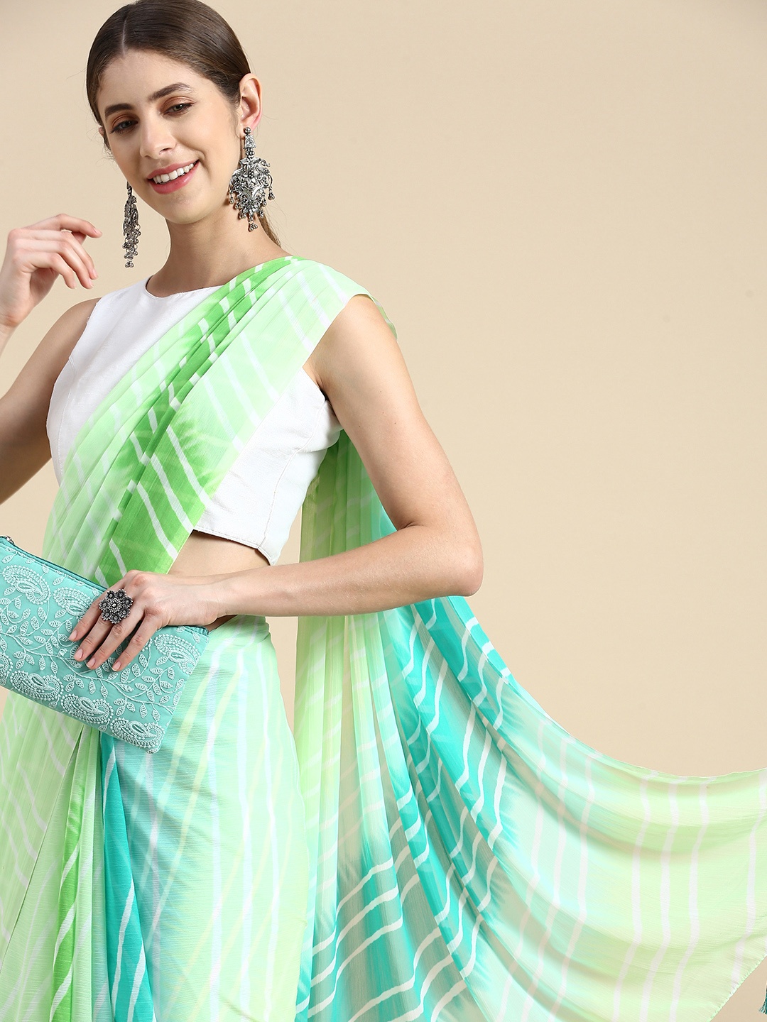 

Rani Saahiba Green & Turquoise Blue Leheriya Poly Chiffon Leheriya Saree