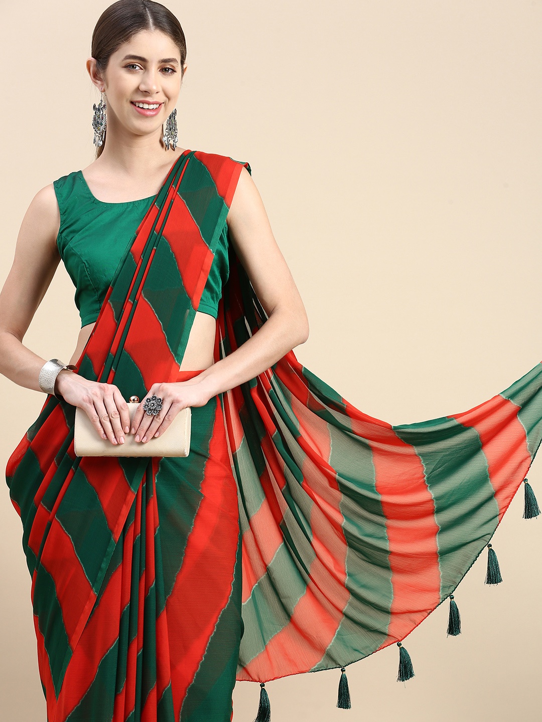 

Rani Saahiba Red & Green Leheriya Poly Chiffon Leheriya Saree