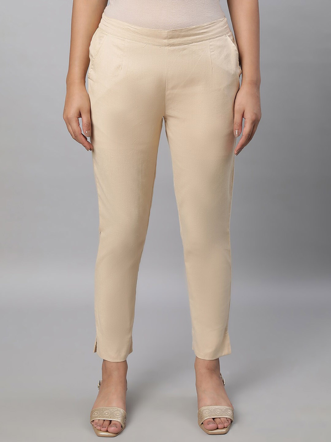 

AURELIA Women Slim Fit Pure Cotton Cigarette Trousers, Beige