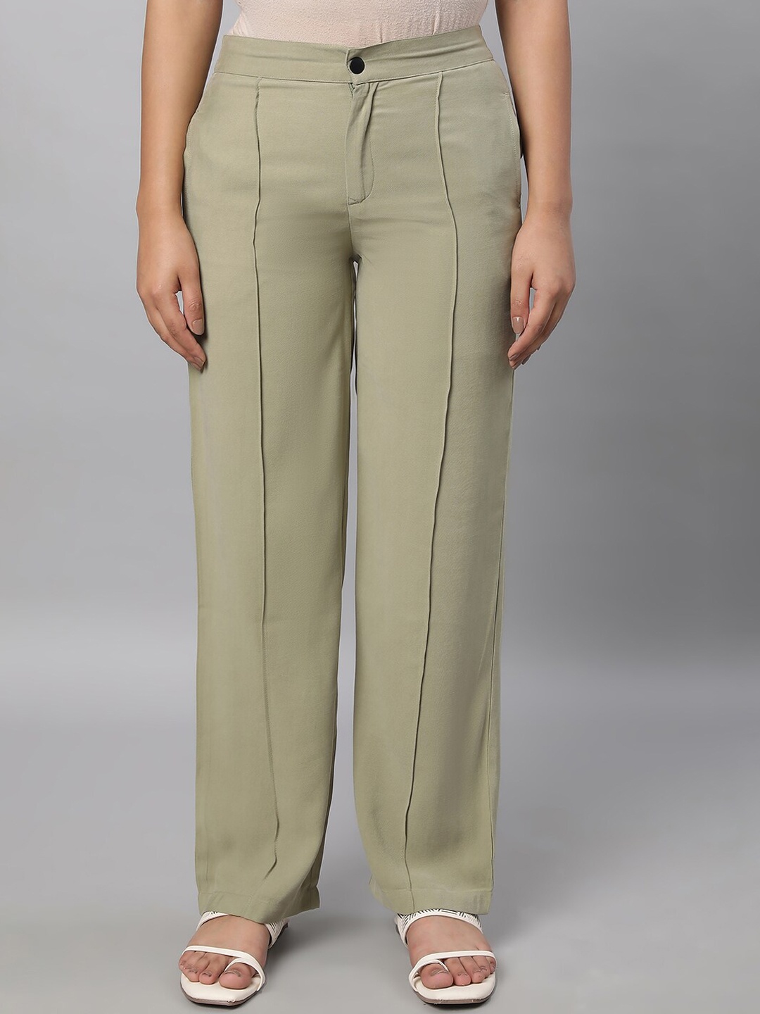 

elleven Women Mid-Rise Plain Parallel Trousers, Cream