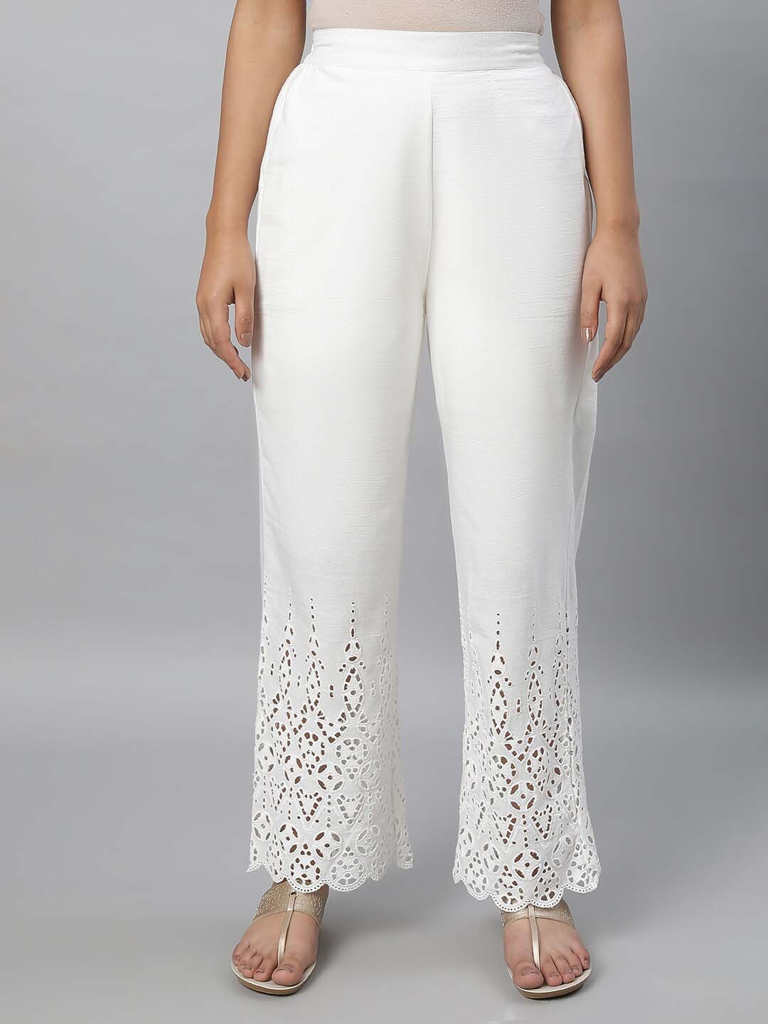 

elleven Women Floral Embroidered Straight Fit Palazzos, White