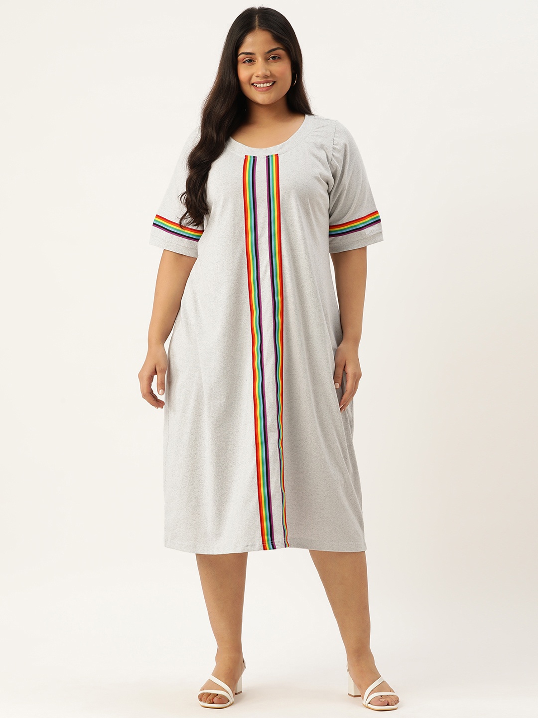 

theRebelinme Plus Size Striped Pure Cotton T-shirt Midi Dress, Grey
