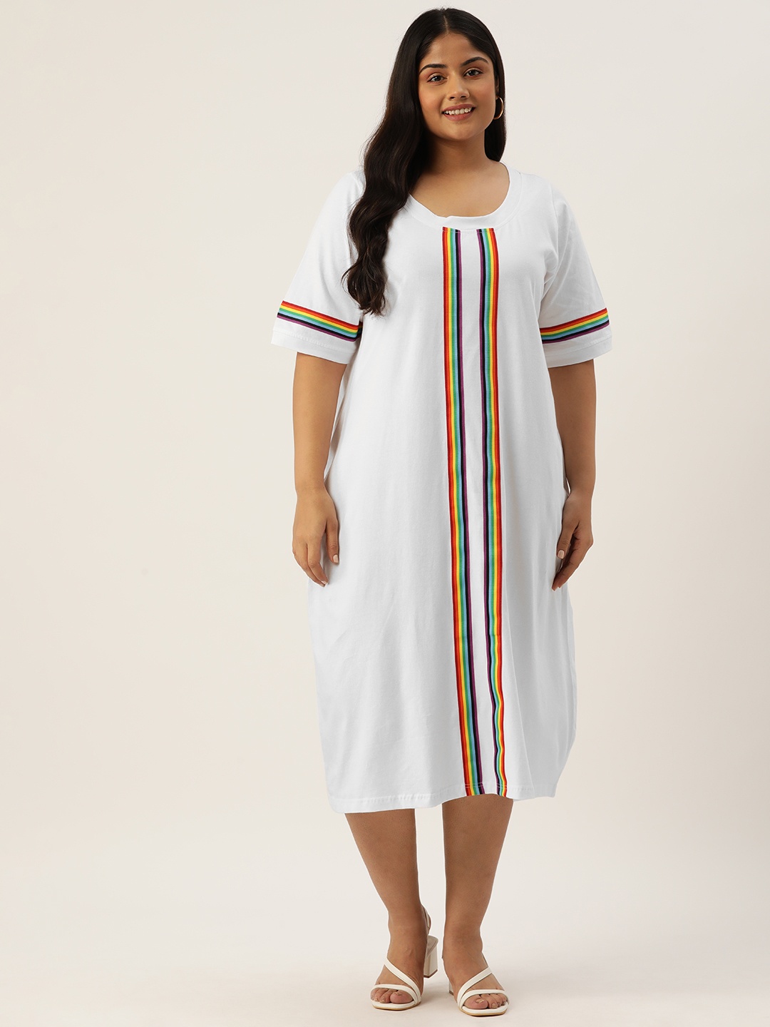 

theRebelinme Plus Size Striped Pure Cotton T-shirt Midi Dress, White