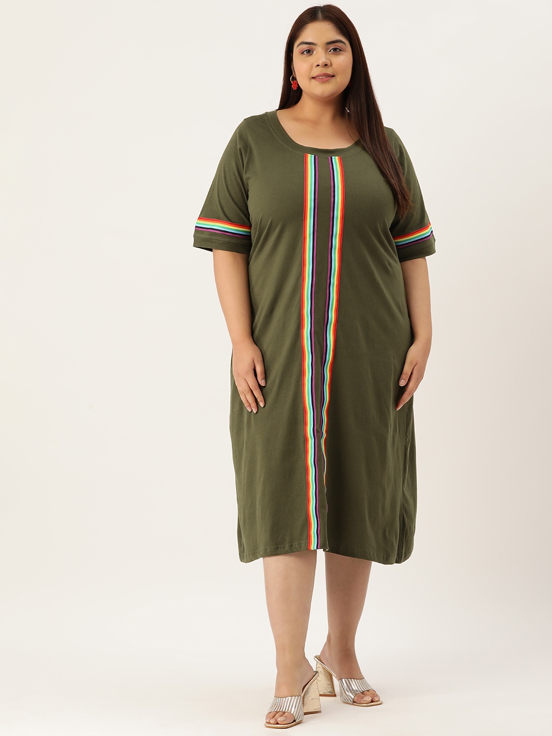 

theRebelinme Plus Size Striped Pure Cotton T-shirt Midi Dress, Olive