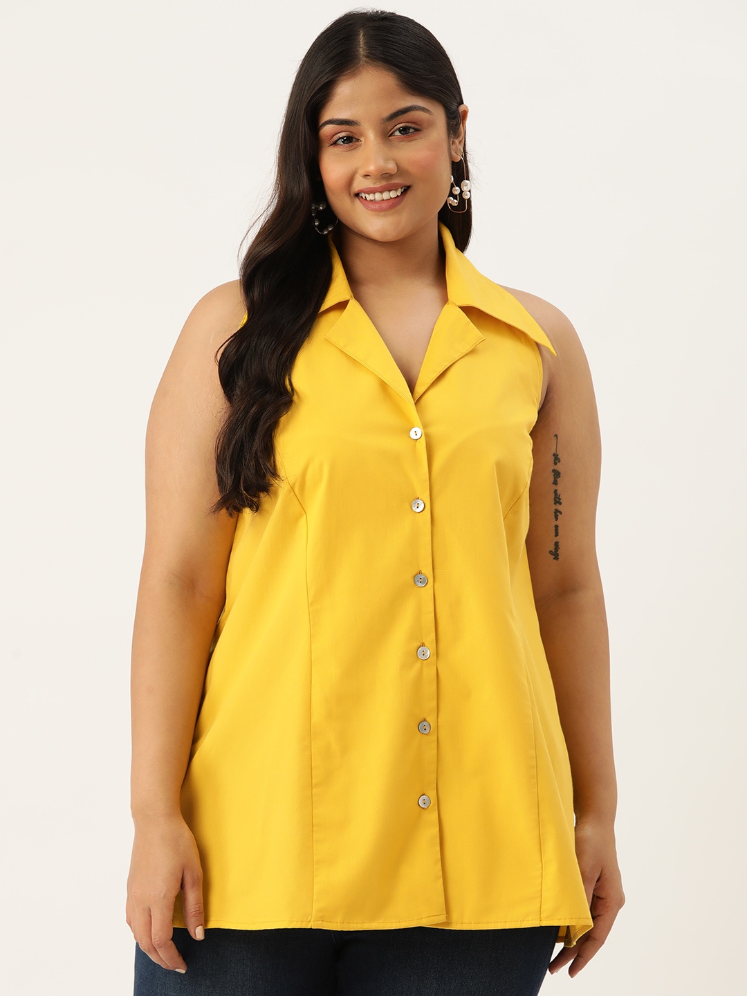 

theRebelinme Plus Size Pure Cotton Shirt Style Longline Top, Mustard