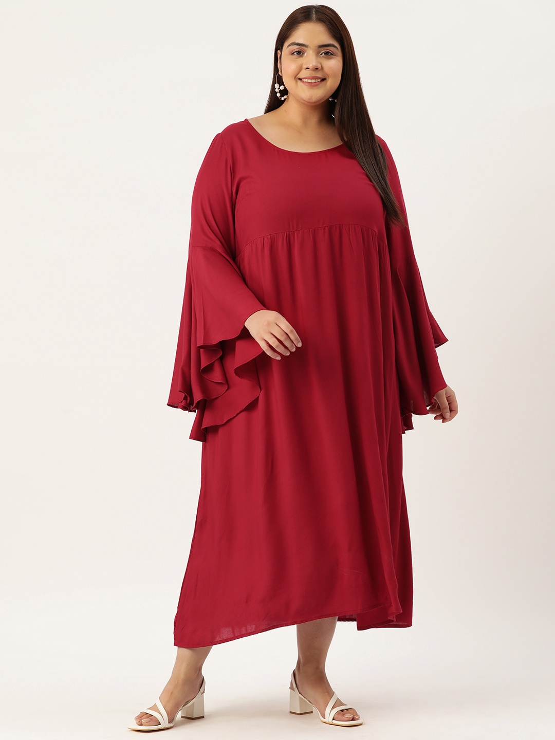 

theRebelinme Plus Size Bell Sleeve A-Line Midi Dress, Maroon