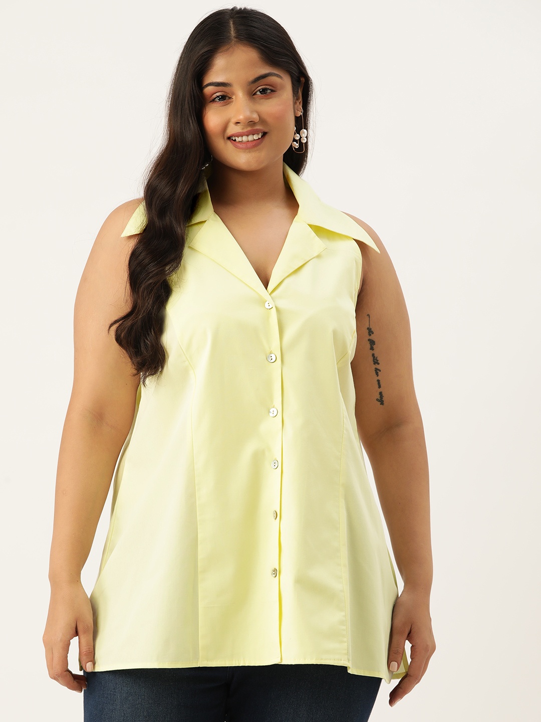 

theRebelinme Plus Size Pure Cotton Shirt Style Longline Top, Lime green