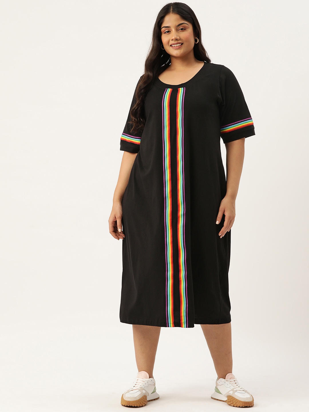 

theRebelinme Plus Size Striped A-Line Cotton Midi Dress, Black