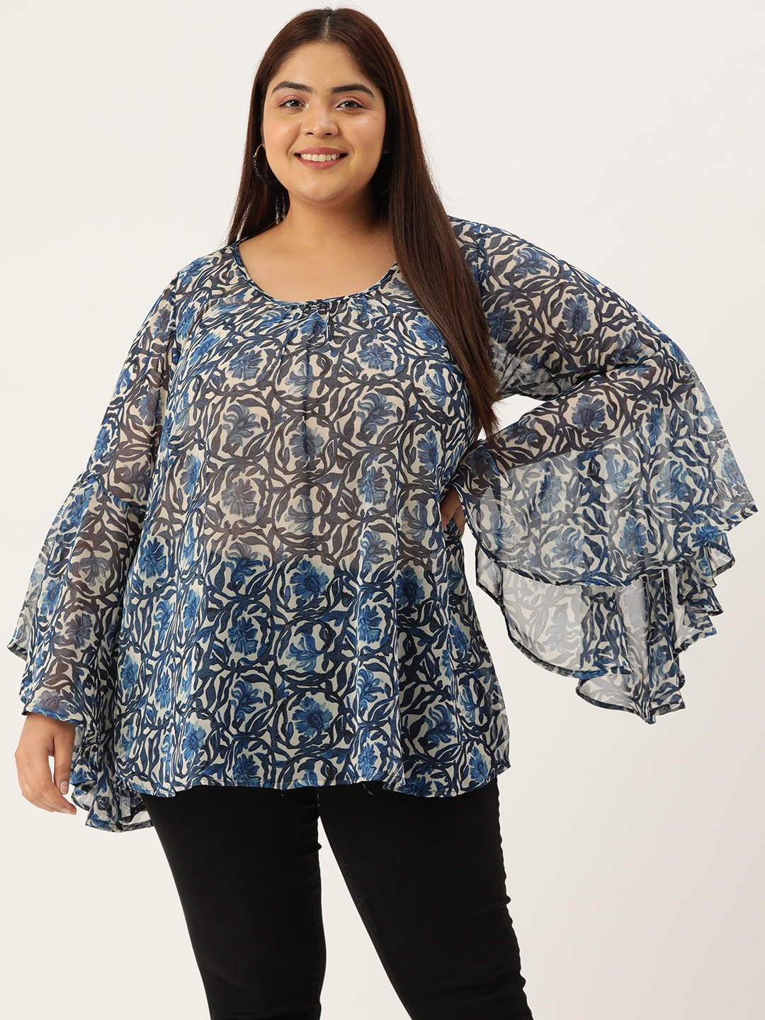 

theRebelinme Floral Print Bell Sleeves Georgette Longline Top, Blue