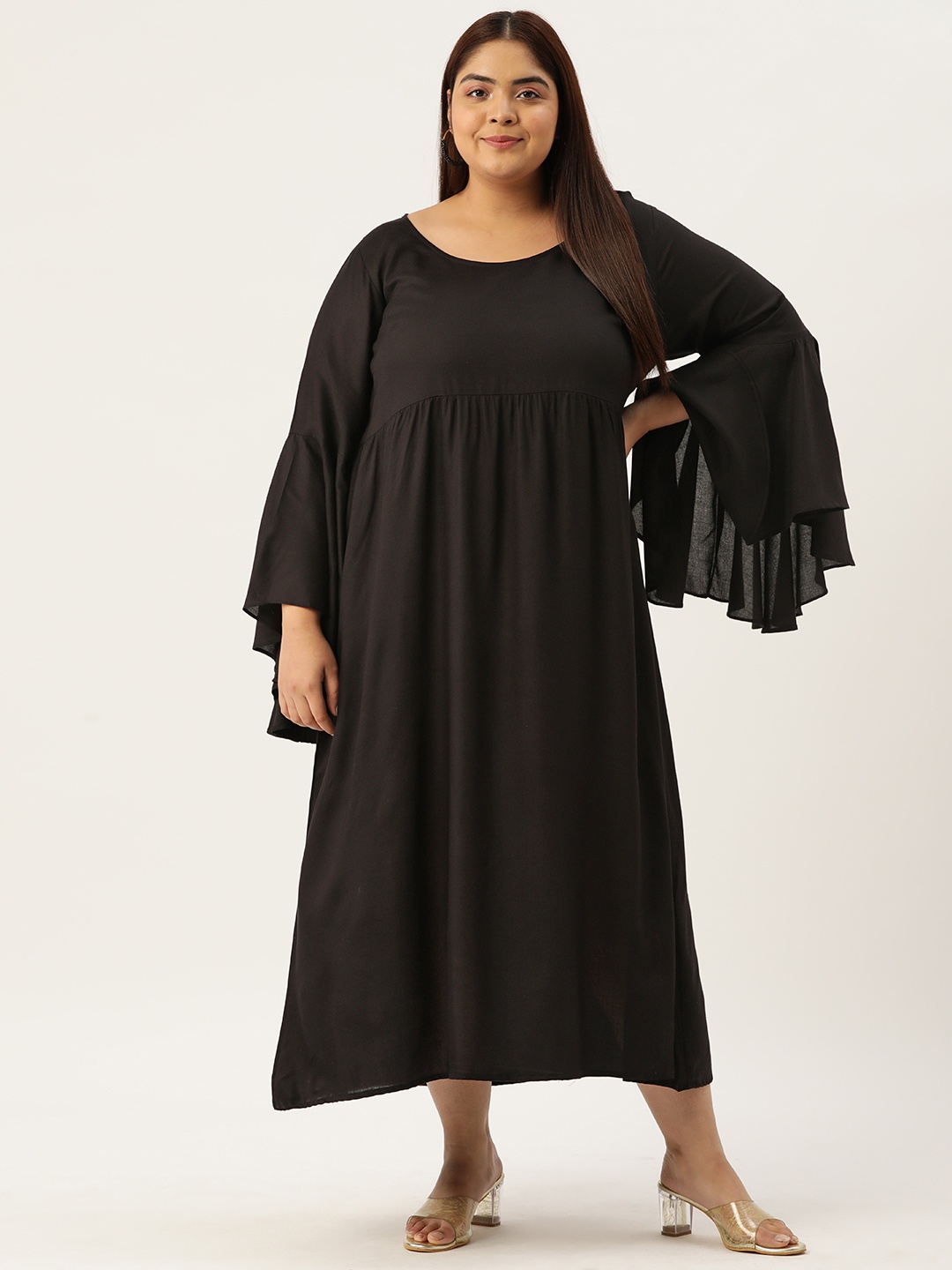 

theRebelinme Plus Size Bell Sleeve A-Line Midi Dress, Black