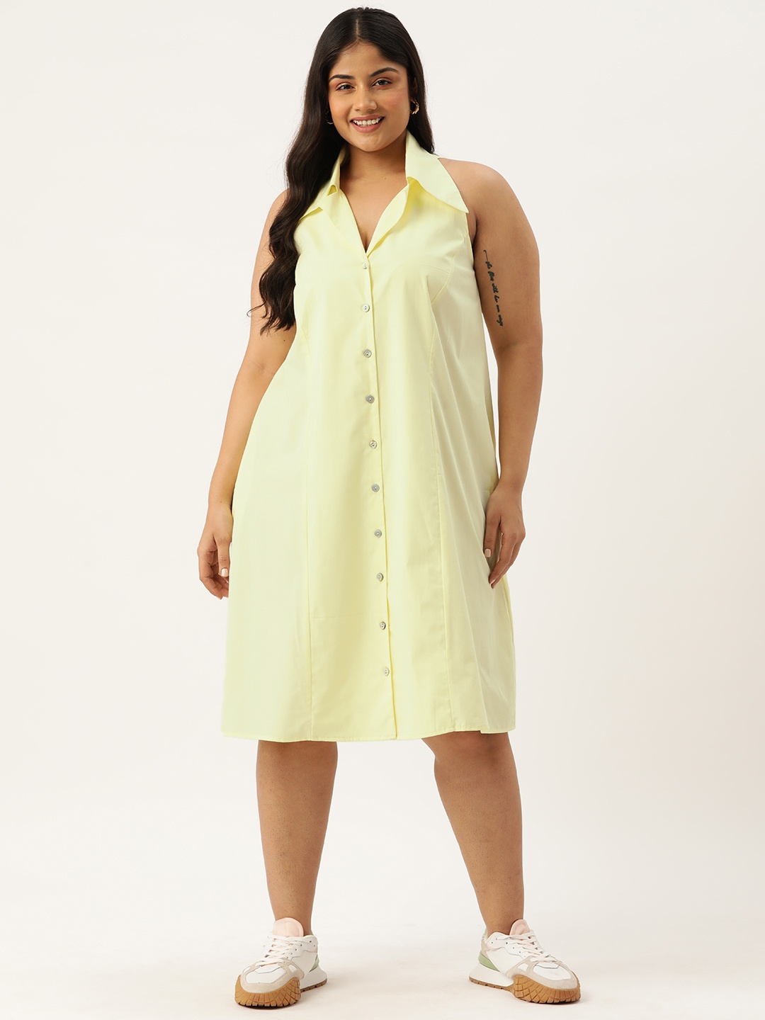 

theRebelinme Plus Size Solid Cotton Shirt Dress, Lime green