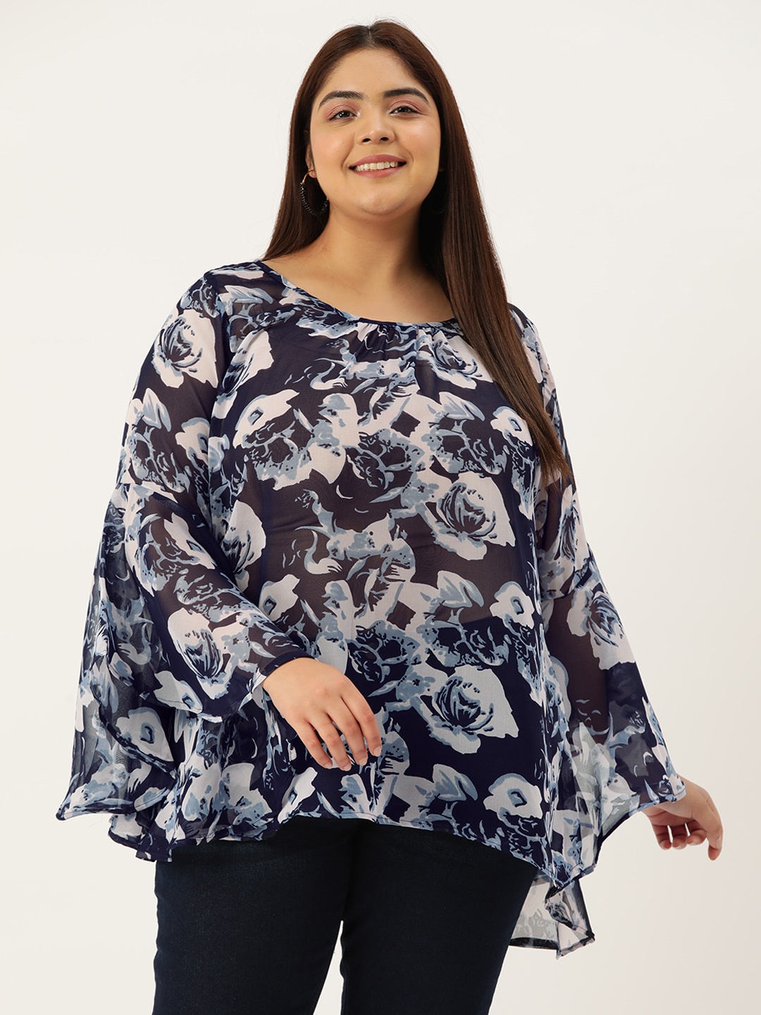 

theRebelinme Plus Size Floral Print Bell Sleeve Georgette Longline Top, Navy blue