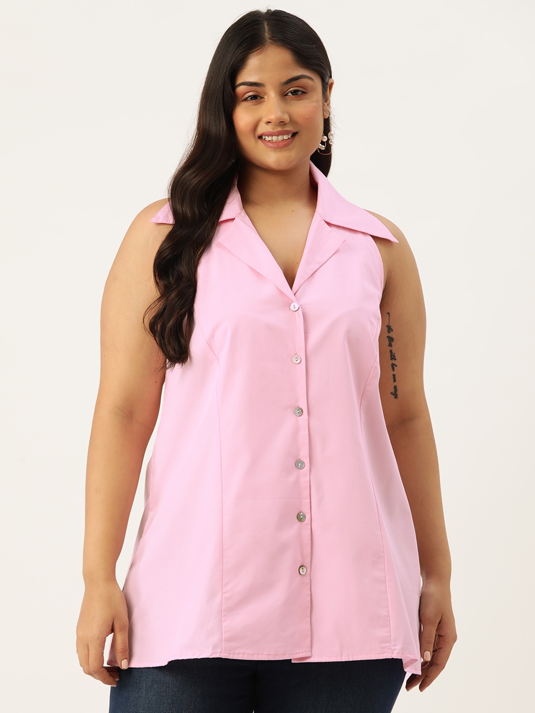 

theRebelinme Plus Size Cotton Shirt Style Longline Top, Pink