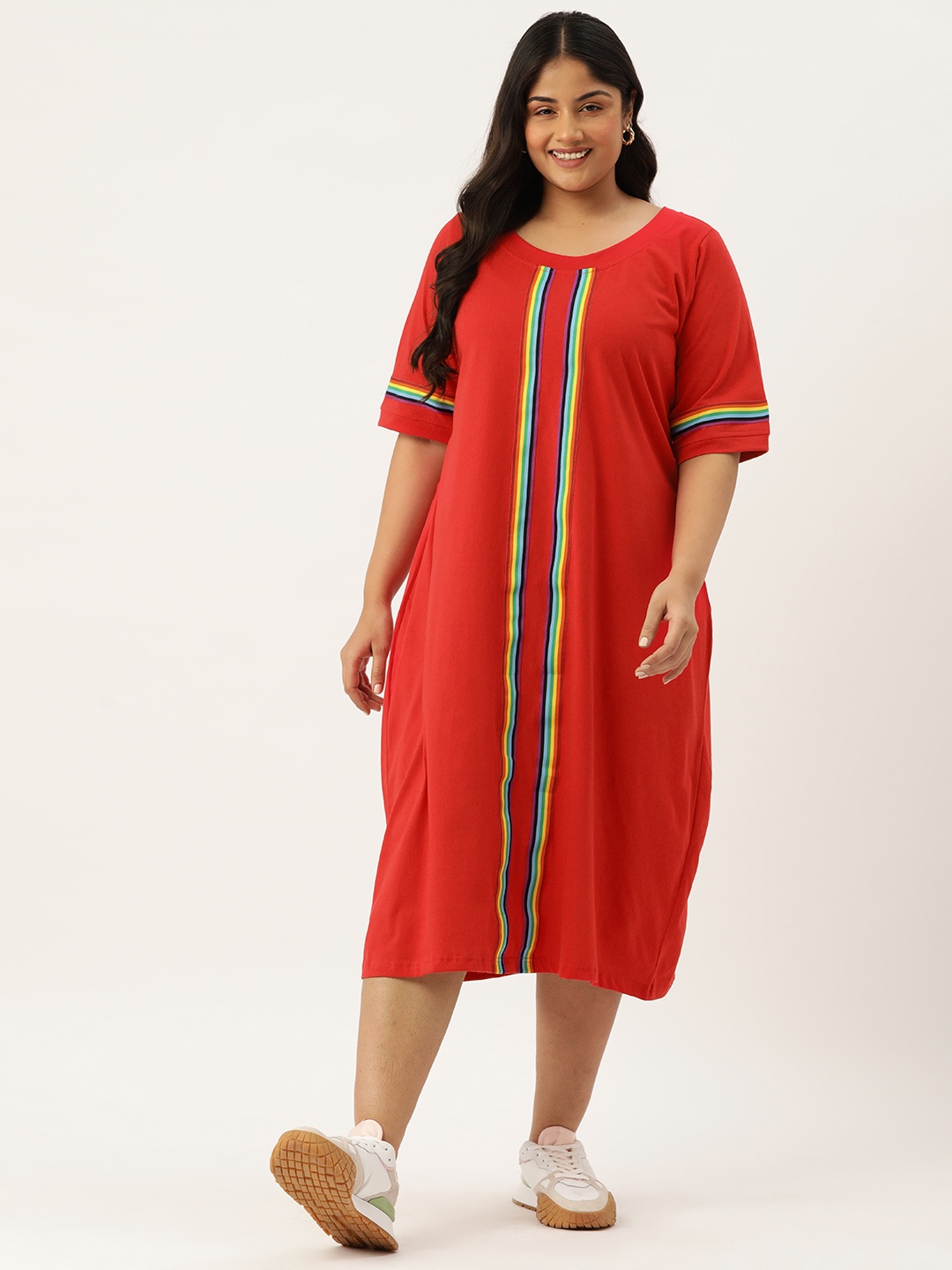 

theRebelinme Plus Size Striped A-Line Cotton Midi Dress, Red