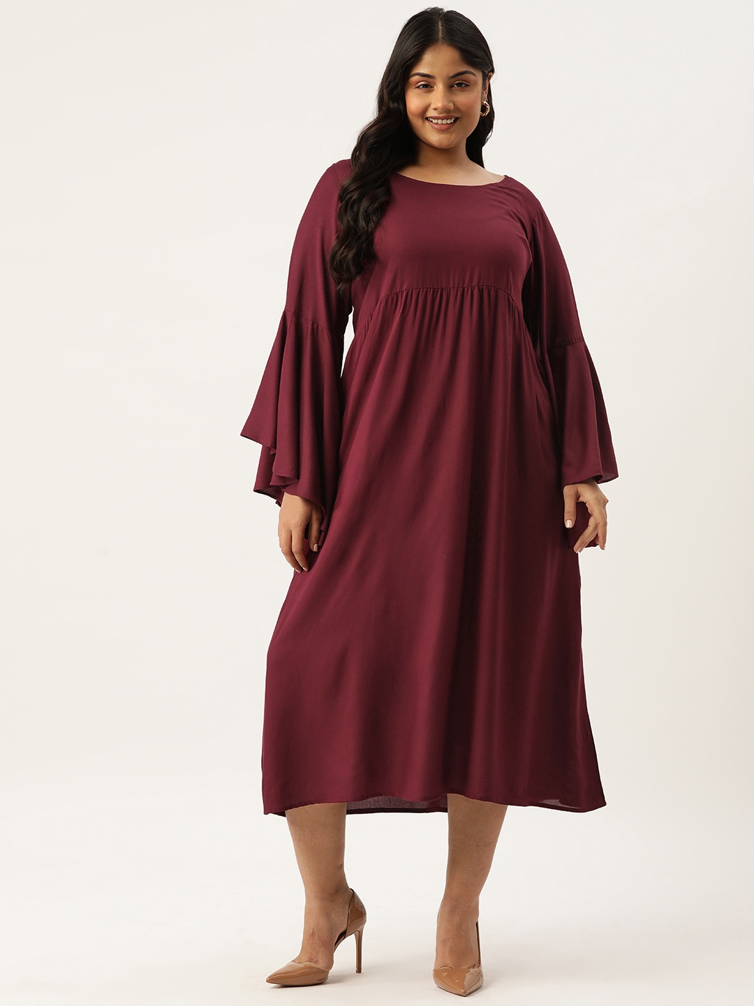 

theRebelinme Plus Size Bell Sleeve A-Line Midi Dress, Burgundy