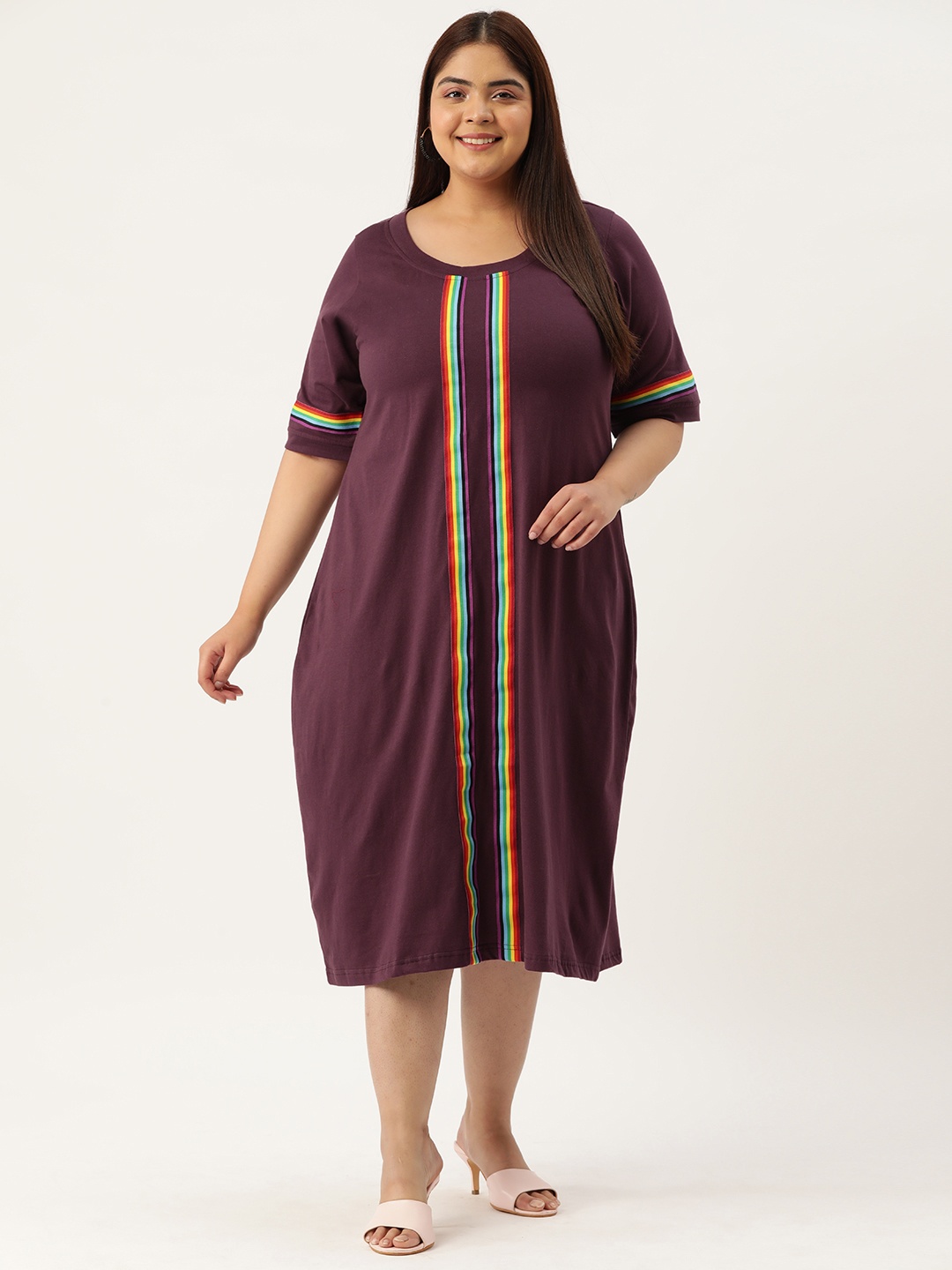 

theRebelinme Plus Size Striped A-Line Cotton Midi Dress, Purple