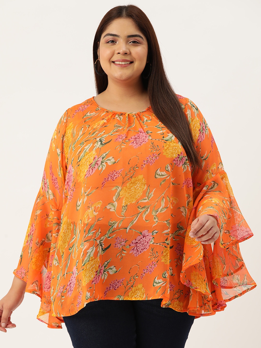 

theRebelinme Plus Size Floral Print Bell Sleeve Georgette Longline Top, Orange