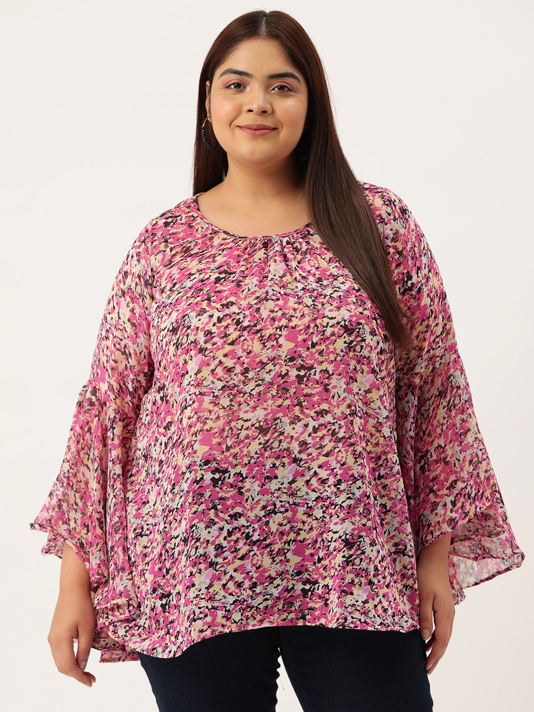 

theRebelinme Plus Size Floral Print Bell Sleeve Georgette Longline Top, Pink