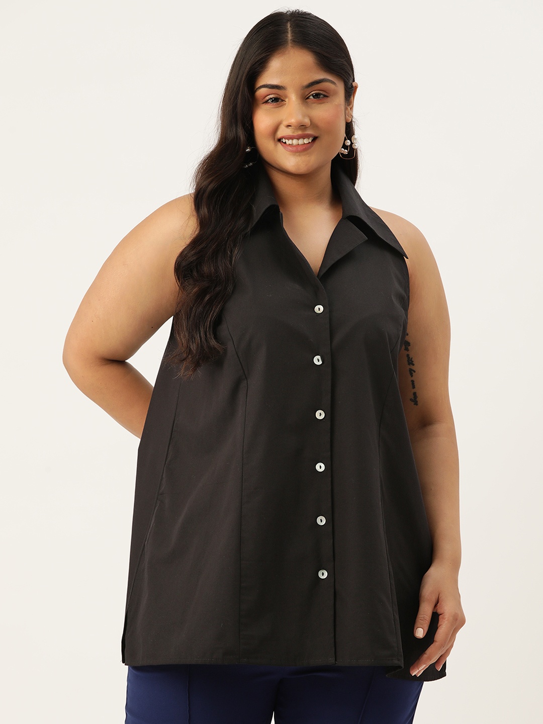 

theRebelinme Plus Size Cotton Shirt Style Longline Top, Black