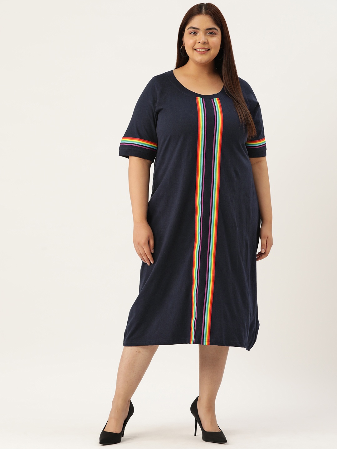 

theRebelinme Plus Size Striped A-Line Cotton Midi Dress, Navy blue