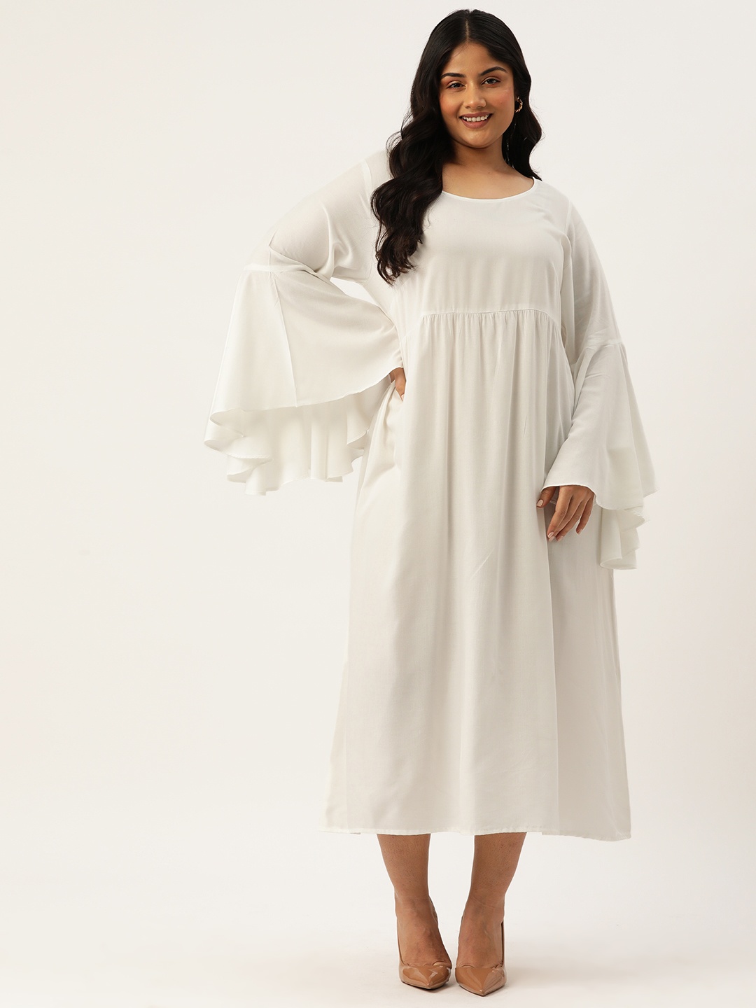 

theRebelinme Plus Size Bell Sleeve A-Line Midi Dress, White